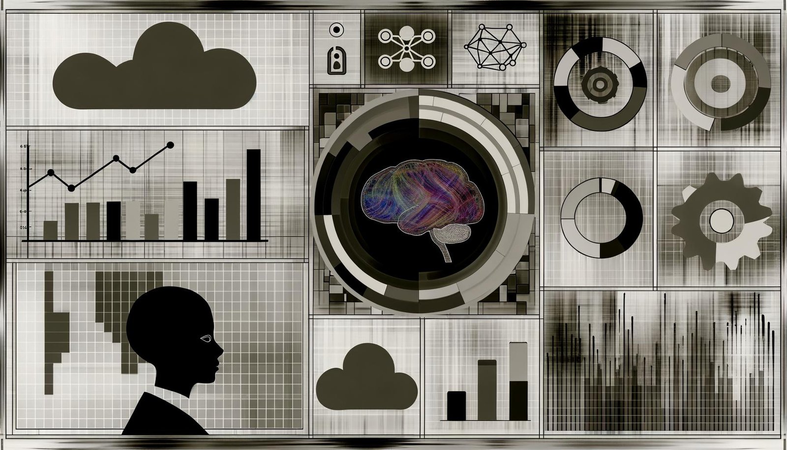Collage mit modernem Dashboard voller bunter Diagrammtypen, KI-Neuronennetz, Cloud- und Datenschloss-Symbolen und einem Geschäftsprotagonisten vor einem in Licht übergehenden analytischen Nebel.