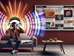 Junger urbaner Mensch auf Sofa genießt Musik mit Kopfhörern, leuchtende Audiowellen mit Markenlogos und Werbebotschaften, Smartphone mit Spotify-App auf dem Tisch, futuristisches Wohnzimmer.