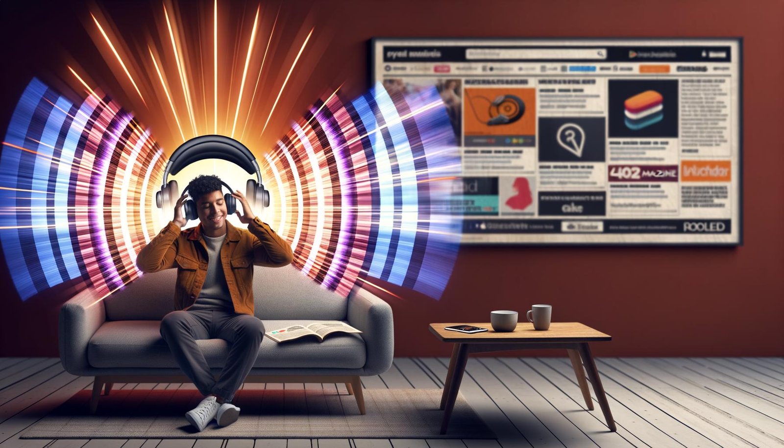 Junger urbaner Mensch auf Sofa genießt Musik mit Kopfhörern, leuchtende Audiowellen mit Markenlogos und Werbebotschaften, Smartphone mit Spotify-App auf dem Tisch, futuristisches Wohnzimmer.