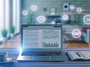 Aufgeräumtes Homeoffice-Setup mit offenem Laptop, darauf sind Affiliate Blog Analysen, Diagramme, SEO- und Conversion-Daten sichtbar. Digitale Icons zu SEO, Monetarisierung und Affiliate-Marketing im Hintergrund.