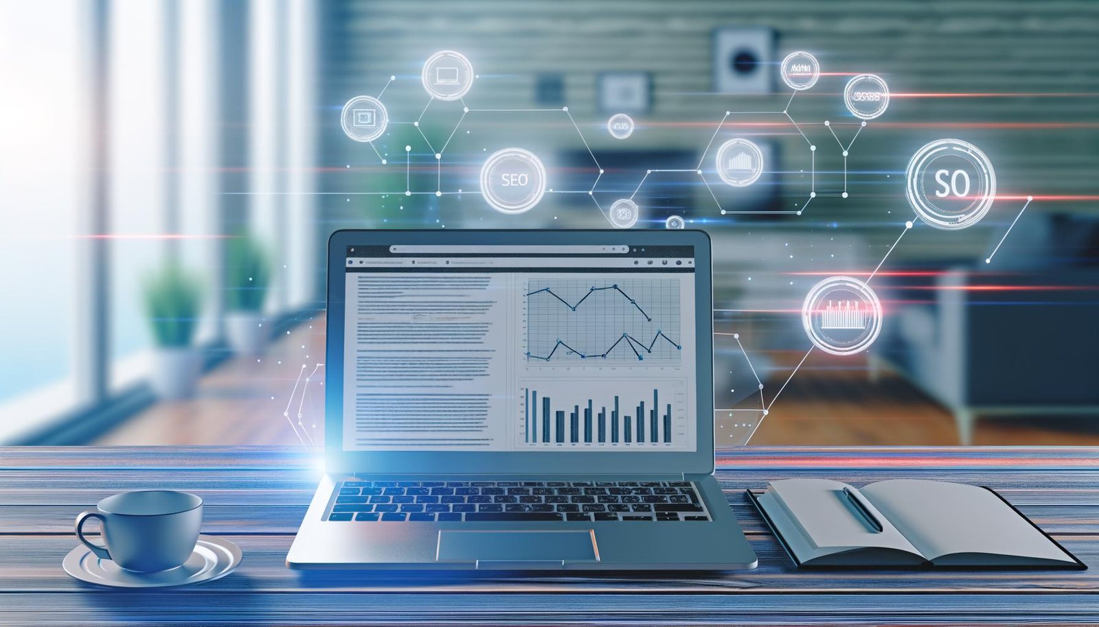 Aufgeräumtes Homeoffice-Setup mit offenem Laptop, darauf sind Affiliate Blog Analysen, Diagramme, SEO- und Conversion-Daten sichtbar. Digitale Icons zu SEO, Monetarisierung und Affiliate-Marketing im Hintergrund.