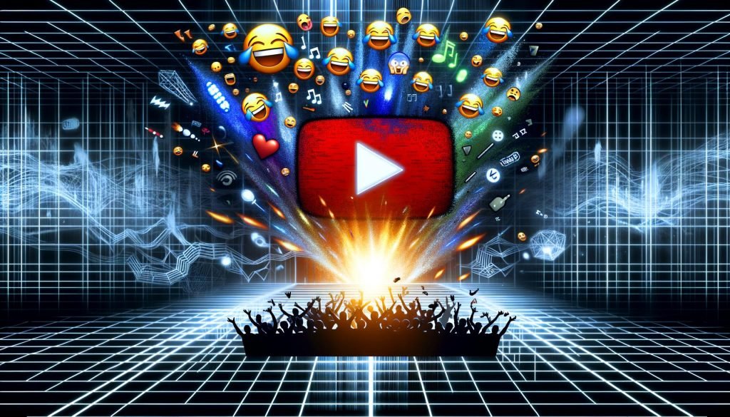 Titelbild mit YouTube-Player als Arena, explodierenden Memes, Emojis und Creator-Silhouetten vor algorithmischen Datenströmen im modernen, zynischen Stil.