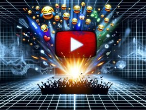 Titelbild mit YouTube-Player als Arena, explodierenden Memes, Emojis und Creator-Silhouetten vor algorithmischen Datenströmen im modernen, zynischen Stil.
