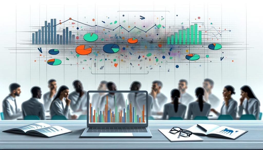 Illustration eines digitalen Büros mit Laptop, chaotischen und strukturierten Diagrammen sowie ratlosen Teammitgliedern im Hintergrund.
