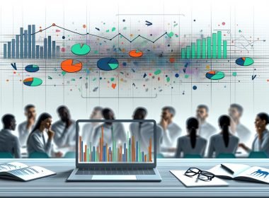 Illustration eines digitalen Büros mit Laptop, chaotischen und strukturierten Diagrammen sowie ratlosen Teammitgliedern im Hintergrund.