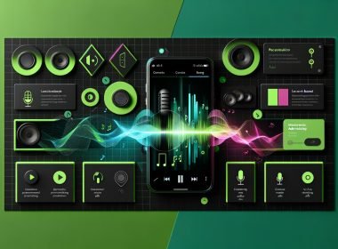 Audio-Streaming-App auf Smartphone mit personalisierten dynamischen Werbebannern, Audiowellen, Standort-, Genre- und Stimmungs-Icons, sowie Mikrofon- und Voice-Ads, inspiriert von Spotify.
