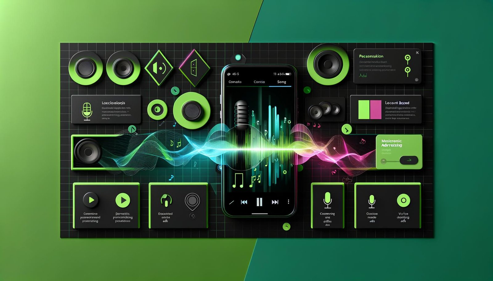 Audio-Streaming-App auf Smartphone mit personalisierten dynamischen Werbebannern, Audiowellen, Standort-, Genre- und Stimmungs-Icons, sowie Mikrofon- und Voice-Ads, inspiriert von Spotify.