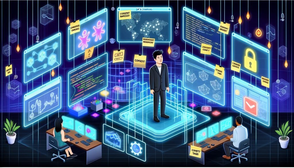Futuristischer Kontrollraum mit digitalen Dashboards, zerrüttetes Büro voller Tracking-Fehler, moderner Überblick zu Tracking-Technologien, Roadmap der Tracking-Reise, humorvolle Szene von Tracking-Ausfällen, rechtliche Abstimmung zum Datenschutz und ein Jet-Cockpit, das erfolgreiche Steuerung symbolisiert.