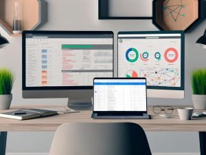 Moderner, aufgeräumter Home-Office-Schreibtisch mit zwei großen Monitoren, Affiliate-Tracking-Dashboard, Conversion-Diagrammen und einem Laptop mit Vergleichstabelle in minimalistischem Ambiente.