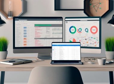 Moderner, aufgeräumter Home-Office-Schreibtisch mit zwei großen Monitoren, Affiliate-Tracking-Dashboard, Conversion-Diagrammen und einem Laptop mit Vergleichstabelle in minimalistischem Ambiente.
