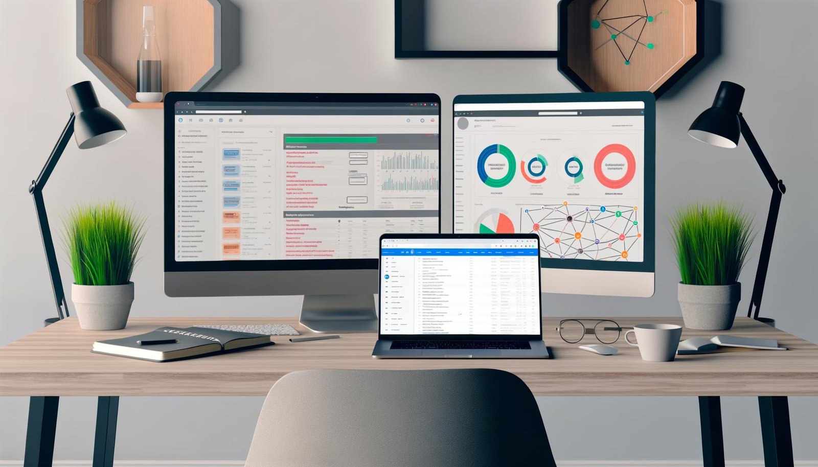 Moderner, aufgeräumter Home-Office-Schreibtisch mit zwei großen Monitoren, Affiliate-Tracking-Dashboard, Conversion-Diagrammen und einem Laptop mit Vergleichstabelle in minimalistischem Ambiente.