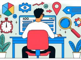Content Creator sitzt am Schreibtisch und optimiert ein Bild für eine Website, umgeben von Icons für WebP, AVIF, SVG und SEO-Symbole vor kontrastreichen alten JPEG-Bildern im Hintergrund.