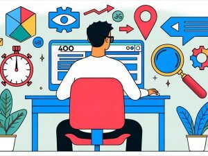 Content Creator sitzt am Schreibtisch und optimiert ein Bild für eine Website, umgeben von Icons für WebP, AVIF, SVG und SEO-Symbole vor kontrastreichen alten JPEG-Bildern im Hintergrund.