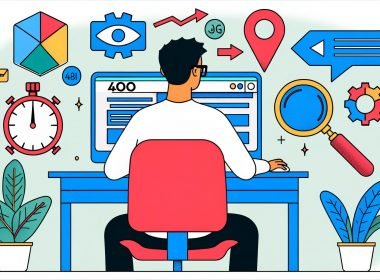 Content Creator sitzt am Schreibtisch und optimiert ein Bild für eine Website, umgeben von Icons für WebP, AVIF, SVG und SEO-Symbole vor kontrastreichen alten JPEG-Bildern im Hintergrund.
