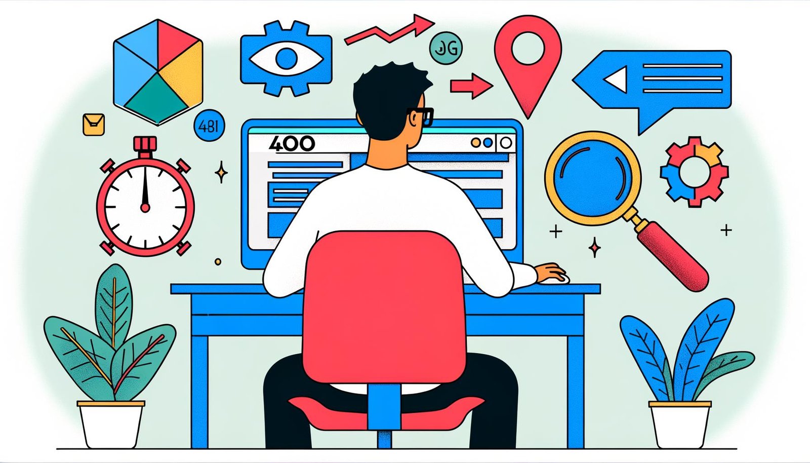 Content Creator sitzt am Schreibtisch und optimiert ein Bild für eine Website, umgeben von Icons für WebP, AVIF, SVG und SEO-Symbole vor kontrastreichen alten JPEG-Bildern im Hintergrund.