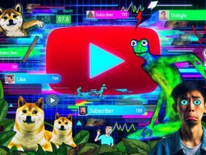 Kreative YouTube-Startszene mit gezeichneten Meme-Elementen, animierten Overlays, Datenkurven, Play-Buttons und Kommentarbubbles in jungem, edgy Stil.
