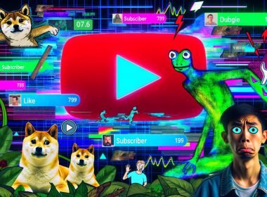 Kreative YouTube-Startszene mit gezeichneten Meme-Elementen, animierten Overlays, Datenkurven, Play-Buttons und Kommentarbubbles in jungem, edgy Stil.