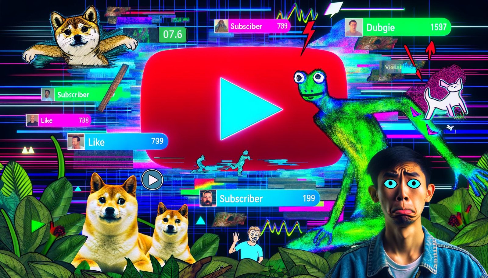 Kreative YouTube-Startszene mit gezeichneten Meme-Elementen, animierten Overlays, Datenkurven, Play-Buttons und Kommentarbubbles in jungem, edgy Stil.