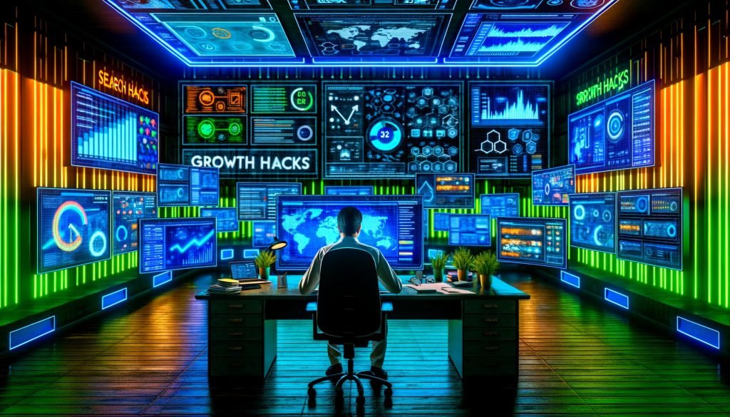 Digital Marketer in einem dynamischen, futuristischen Büro mit bunten Daten-Dashboards, SEO-Charts, Analytics und Notizen für Wachstumstricks