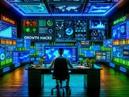 Digital Marketer in einem dynamischen, futuristischen Büro mit bunten Daten-Dashboards, SEO-Charts, Analytics und Notizen für Wachstumstricks