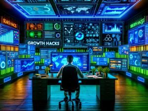 Digital Marketer in einem dynamischen, futuristischen Büro mit bunten Daten-Dashboards, SEO-Charts, Analytics und Notizen für Wachstumstricks