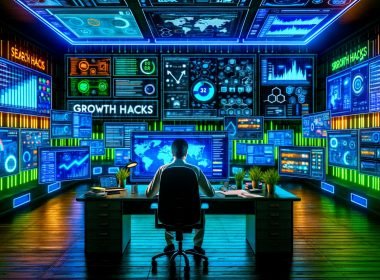 Digital Marketer in einem dynamischen, futuristischen Büro mit bunten Daten-Dashboards, SEO-Charts, Analytics und Notizen für Wachstumstricks