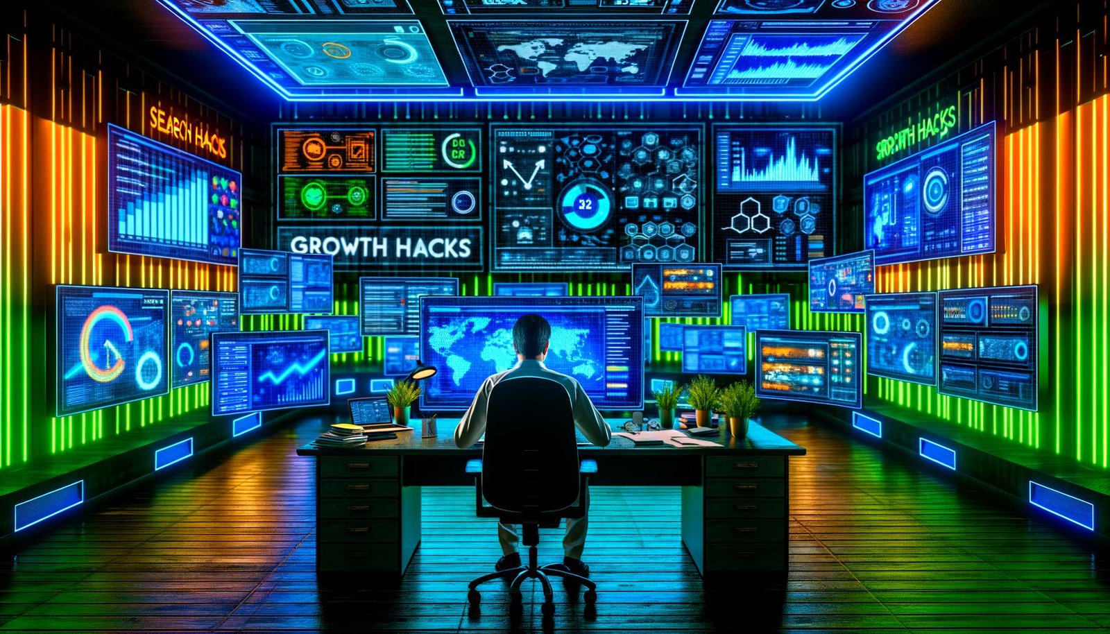 Digital Marketer in einem dynamischen, futuristischen Büro mit bunten Daten-Dashboards, SEO-Charts, Analytics und Notizen für Wachstumstricks