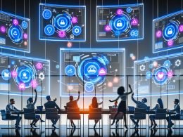 Modernes, technologiegetriebenes Büro mit mehreren schwebenden Dashboards, die den gesamten Kundenkontakt über verschiedene digitale und Offline-Kanäle in anschaulichen Diagrammen darstellen. Ein Team diskutiert datengetriebene Marketingstrategien, sichtbar sind Datenschutzelemente und Consent-Banner.
