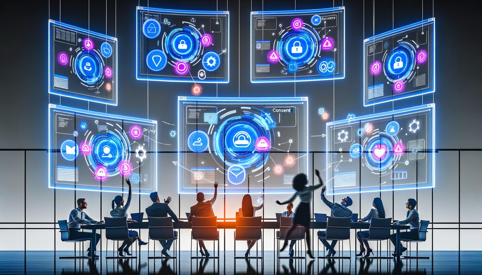 Modernes, technologiegetriebenes Büro mit mehreren schwebenden Dashboards, die den gesamten Kundenkontakt über verschiedene digitale und Offline-Kanäle in anschaulichen Diagrammen darstellen. Ein Team diskutiert datengetriebene Marketingstrategien, sichtbar sind Datenschutzelemente und Consent-Banner.