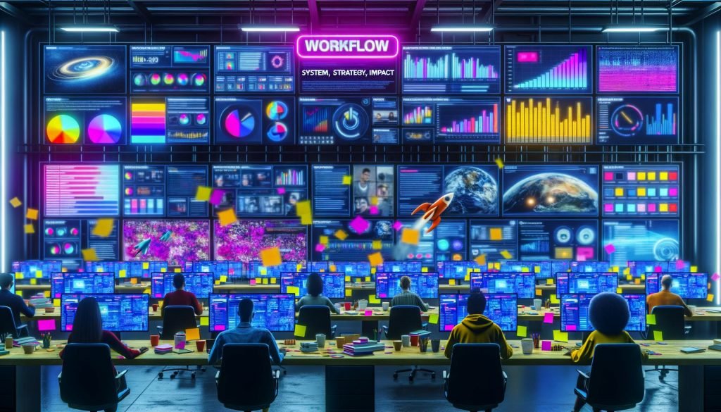 Hochmoderne Digitale Steuerzentrale mit großen Bildschirmen, die YouTube-Analysen und Meme-Trends zeigen, belebt durch Marketing-Teams