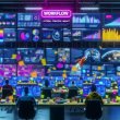 Hochmoderne Digitale Steuerzentrale mit großen Bildschirmen, die YouTube-Analysen und Meme-Trends zeigen, belebt durch Marketing-Teams