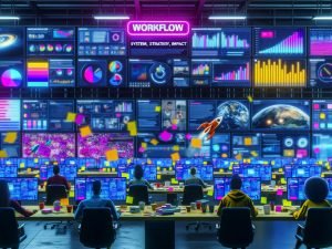 Hochmoderne Digitale Steuerzentrale mit großen Bildschirmen, die YouTube-Analysen und Meme-Trends zeigen, belebt durch Marketing-Teams