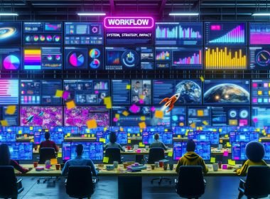 Hochmoderne Digitale Steuerzentrale mit großen Bildschirmen, die YouTube-Analysen und Meme-Trends zeigen, belebt durch Marketing-Teams