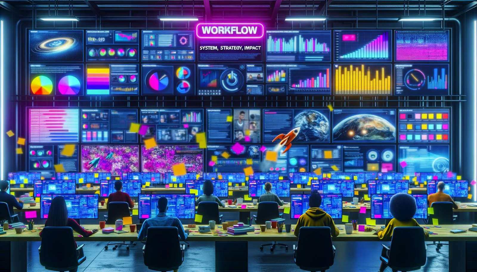 Hochmoderne Digitale Steuerzentrale mit großen Bildschirmen, die YouTube-Analysen und Meme-Trends zeigen, belebt durch Marketing-Teams