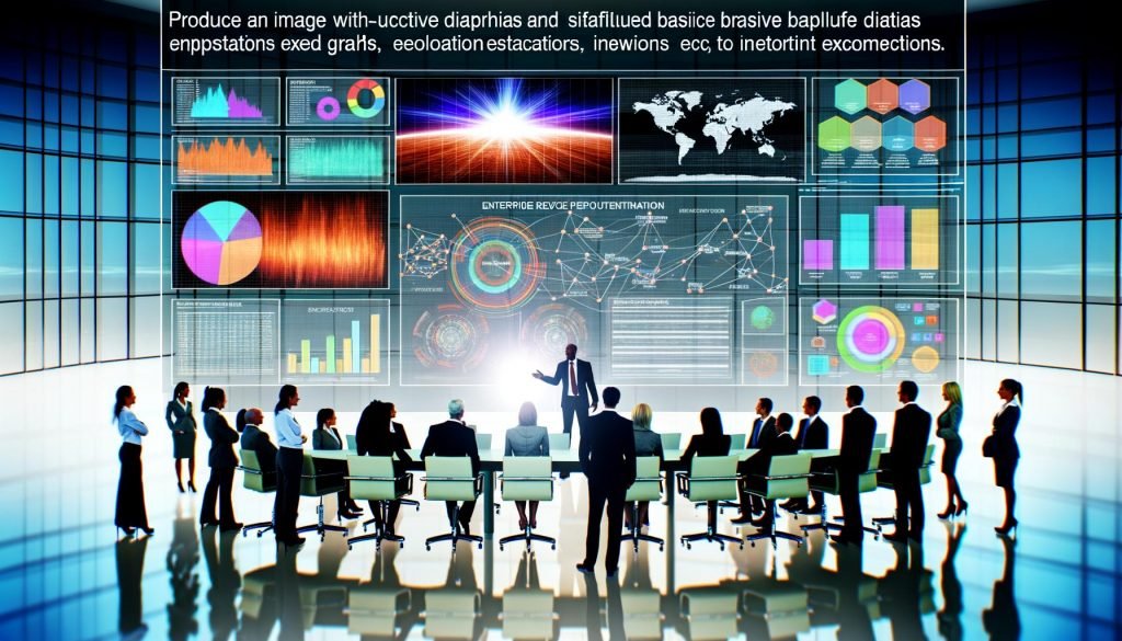 Geschäftsleute analysieren komplexe, interaktive Datendarstellungen an einem High-Tech-Touchscreen im modernen Büro mit vernetzten Digitalbildschirmen.