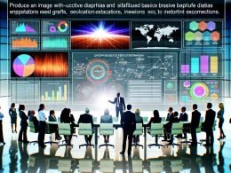 Geschäftsleute analysieren komplexe, interaktive Datendarstellungen an einem High-Tech-Touchscreen im modernen Büro mit vernetzten Digitalbildschirmen.