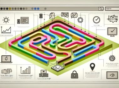 Minimalistische Flat-Design-Illustration eines verschlungenen Nutzerpfads über einen digitalen Bildschirm mit farbigen Linien, Icons für Touchpoints, Markierung des Kaufabschlusses und eingebundenen Analytik- sowie Consent-Elementen.