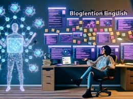 Junger Blogger entspannt im futuristischen Homeoffice vor Monitoren mit KI-Visualisierungen, Hologrammen und Blogentwürfen.