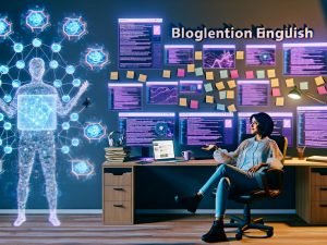 Junger Blogger entspannt im futuristischen Homeoffice vor Monitoren mit KI-Visualisierungen, Hologrammen und Blogentwürfen.