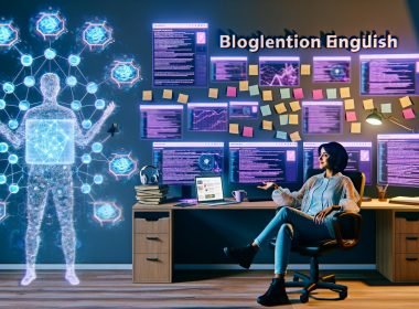Junger Blogger entspannt im futuristischen Homeoffice vor Monitoren mit KI-Visualisierungen, Hologrammen und Blogentwürfen.