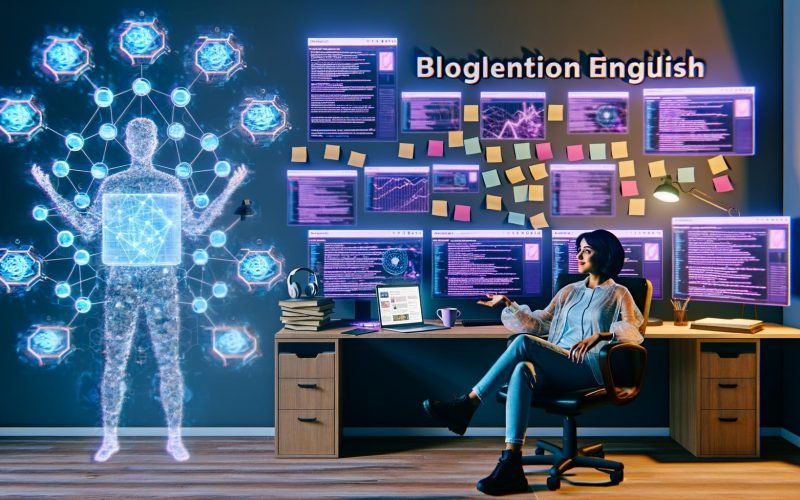 Junger Blogger entspannt im futuristischen Homeoffice vor Monitoren mit KI-Visualisierungen, Hologrammen und Blogentwürfen.
