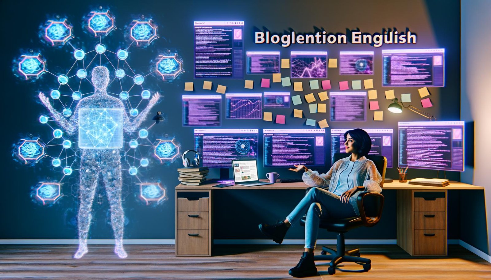 Junger Blogger entspannt im futuristischen Homeoffice vor Monitoren mit KI-Visualisierungen, Hologrammen und Blogentwürfen.