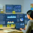 Fokussierter Datenanalyst in einem aufgeräumten Hightech-Büro mit mehreren Monitoren voller Datenvisualisierungen wie Dashboards, Heatmaps, Scatterplots und Zeitreihen, begleitet von Post-its mit Schlüsselbegriffen zur Datenverarbeitung