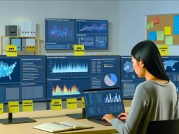 Fokussierter Datenanalyst in einem aufgeräumten Hightech-Büro mit mehreren Monitoren voller Datenvisualisierungen wie Dashboards, Heatmaps, Scatterplots und Zeitreihen, begleitet von Post-its mit Schlüsselbegriffen zur Datenverarbeitung