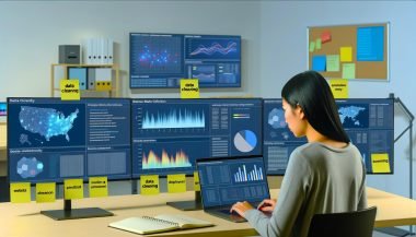 Fokussierter Datenanalyst in einem aufgeräumten Hightech-Büro mit mehreren Monitoren voller Datenvisualisierungen wie Dashboards, Heatmaps, Scatterplots und Zeitreihen, begleitet von Post-its mit Schlüsselbegriffen zur Datenverarbeitung