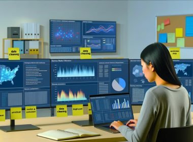 Fokussierter Datenanalyst in einem aufgeräumten Hightech-Büro mit mehreren Monitoren voller Datenvisualisierungen wie Dashboards, Heatmaps, Scatterplots und Zeitreihen, begleitet von Post-its mit Schlüsselbegriffen zur Datenverarbeitung