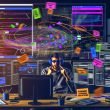 Konzentrierter Data-Analyst mit Kopfhörern vor Monitoren mit komplexen Analytics-Visualisierungen in einem modernen, leicht düsteren Büro. Whiteboard voller Customer Journey Maps und Post-its, umgeben von Browser-Icons, Datenschutzwarnungen und technischen Geräten.