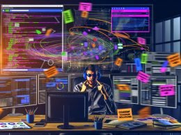 Konzentrierter Data-Analyst mit Kopfhörern vor Monitoren mit komplexen Analytics-Visualisierungen in einem modernen, leicht düsteren Büro. Whiteboard voller Customer Journey Maps und Post-its, umgeben von Browser-Icons, Datenschutzwarnungen und technischen Geräten.