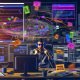 Konzentrierter Data-Analyst mit Kopfhörern vor Monitoren mit komplexen Analytics-Visualisierungen in einem modernen, leicht düsteren Büro. Whiteboard voller Customer Journey Maps und Post-its, umgeben von Browser-Icons, Datenschutzwarnungen und technischen Geräten.