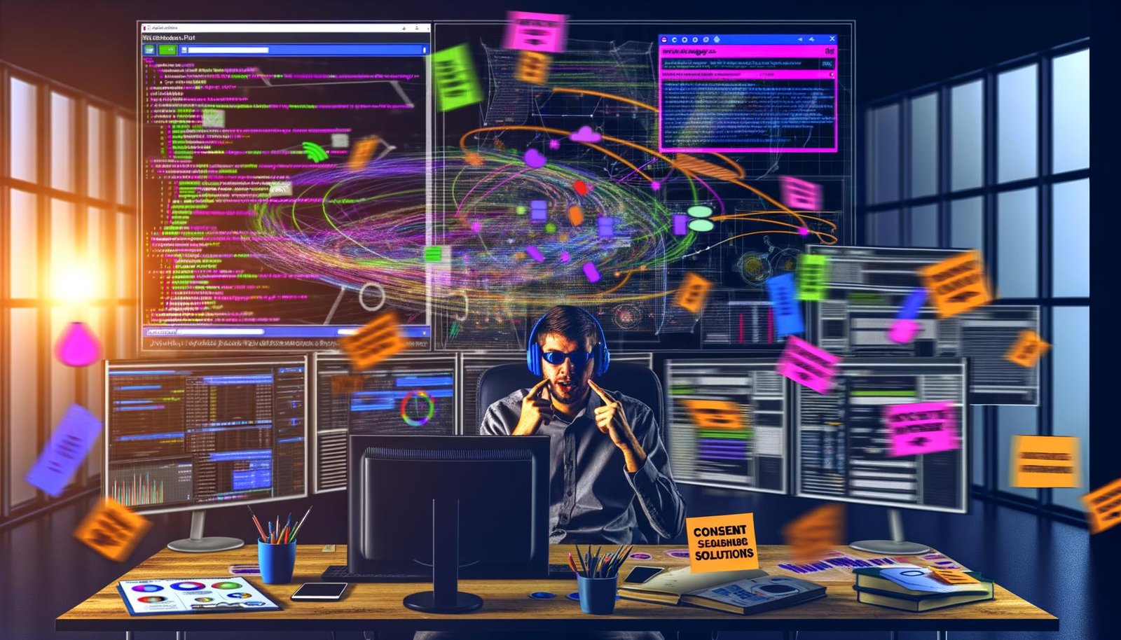 Konzentrierter Data-Analyst mit Kopfhörern vor Monitoren mit komplexen Analytics-Visualisierungen in einem modernen, leicht düsteren Büro. Whiteboard voller Customer Journey Maps und Post-its, umgeben von Browser-Icons, Datenschutzwarnungen und technischen Geräten.